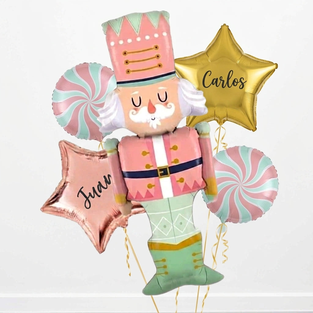 Ramo de globos navideño con figura de cascanueces y estrella personalizada para entrega a domicilio en A Coruña