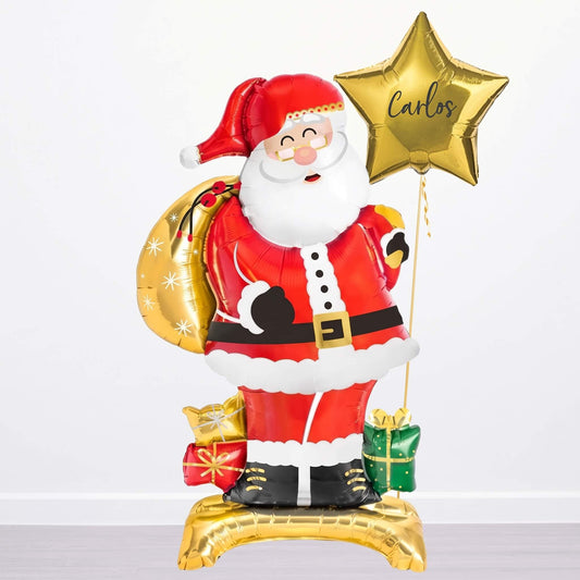 Globo gigante de Papá Noel de pie con regalos y estrella dorada personalizada con nombre - Parada Obligada